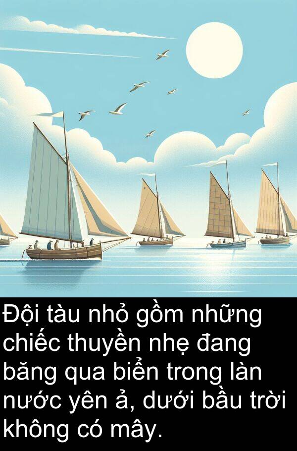 băng: Đội tàu nhỏ gồm những chiếc thuyền nhẹ đang băng qua biển trong làn nước yên ả, dưới bầu trời không có mây.