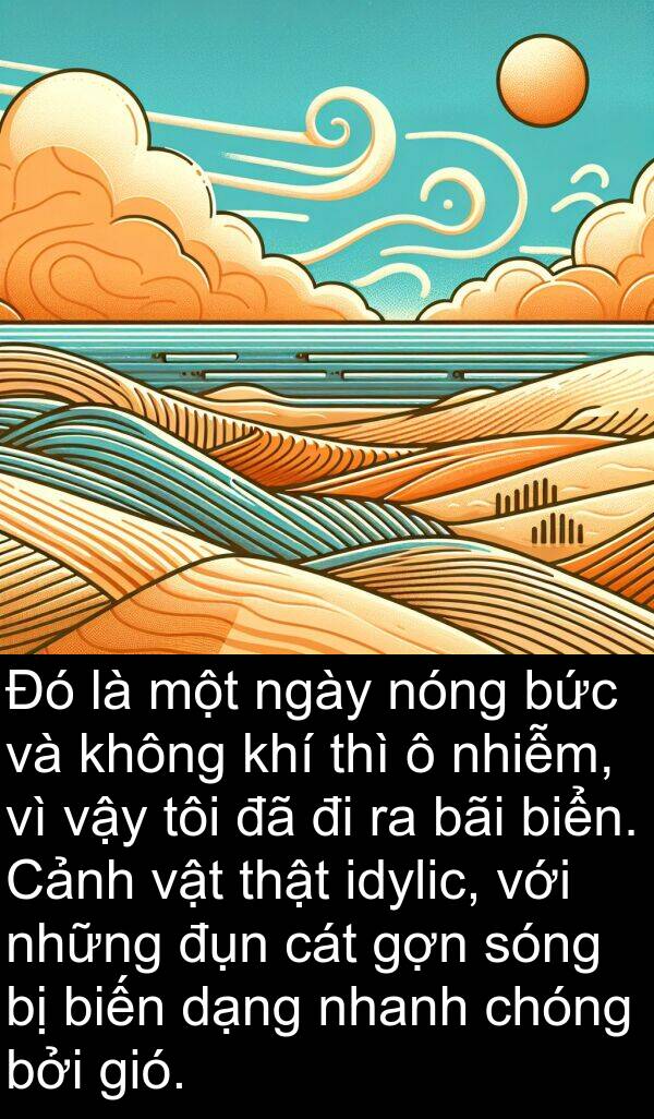 đụn: Đó là một ngày nóng bức và không khí thì ô nhiễm, vì vậy tôi đã đi ra bãi biển. Cảnh vật thật idylic, với những đụn cát gợn sóng bị biến dạng nhanh chóng bởi gió.