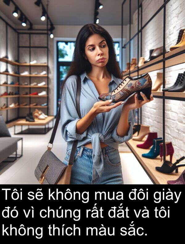 đắt: Tôi sẽ không mua đôi giày đó vì chúng rất đắt và tôi không thích màu sắc.