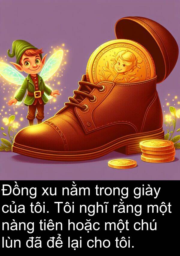 nàng: Đồng xu nằm trong giày của tôi. Tôi nghĩ rằng một nàng tiên hoặc một chú lùn đã để lại cho tôi.