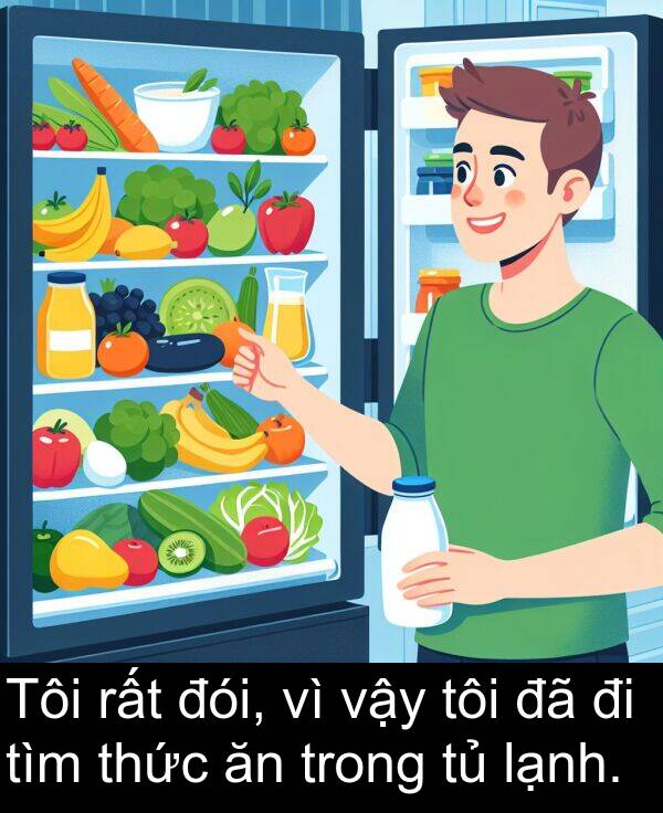 đói: Tôi rất đói, vì vậy tôi đã đi tìm thức ăn trong tủ lạnh.