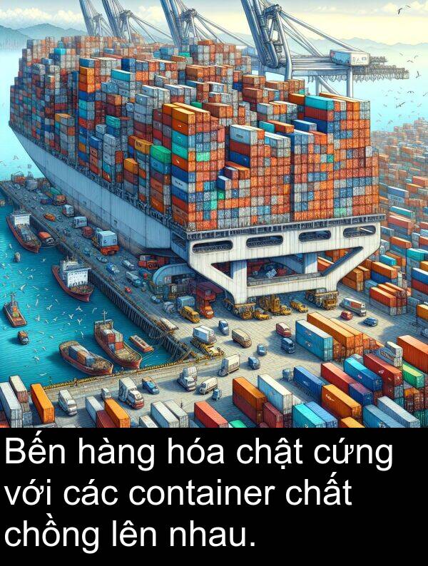 chật: Bến hàng hóa chật cứng với các container chất chồng lên nhau.