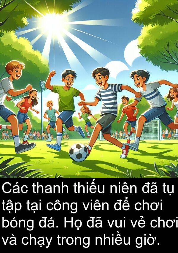 đá: Các thanh thiếu niên đã tụ tập tại công viên để chơi bóng đá. Họ đã vui vẻ chơi và chạy trong nhiều giờ.
