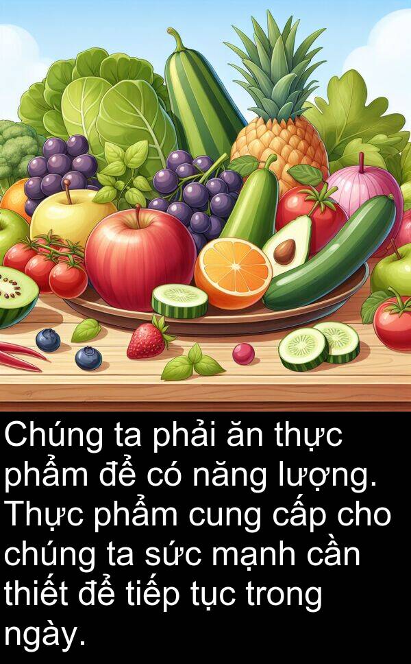 cấp: Chúng ta phải ăn thực phẩm để có năng lượng. Thực phẩm cung cấp cho chúng ta sức mạnh cần thiết để tiếp tục trong ngày.