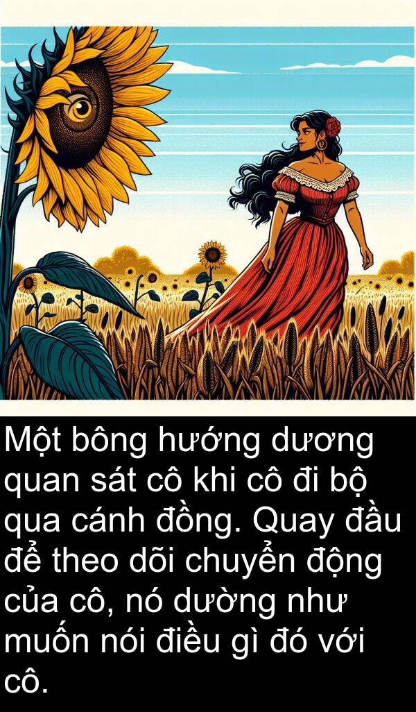 bông: Một bông hướng dương quan sát cô khi cô đi bộ qua cánh đồng. Quay đầu để theo dõi chuyển động của cô, nó dường như muốn nói điều gì đó với cô.