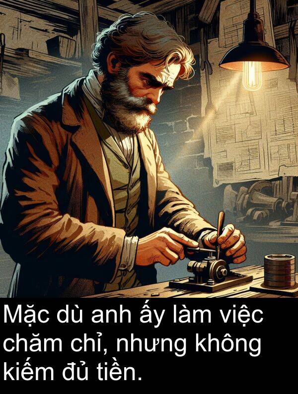 chăm: Mặc dù anh ấy làm việc chăm chỉ, nhưng không kiếm đủ tiền.