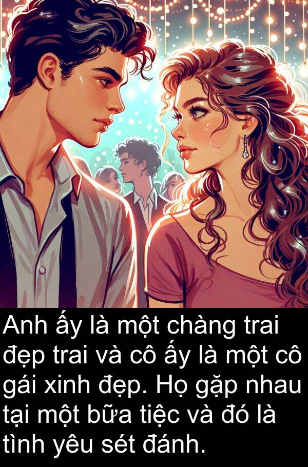 tiệc: Anh ấy là một chàng trai đẹp trai và cô ấy là một cô gái xinh đẹp. Họ gặp nhau tại một bữa tiệc và đó là tình yêu sét đánh.