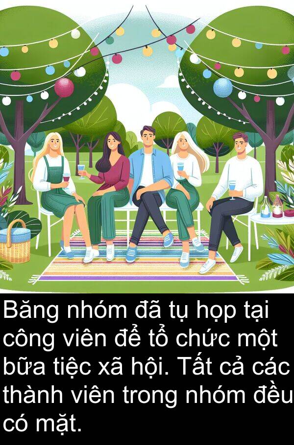 tiệc: Băng nhóm đã tụ họp tại công viên để tổ chức một bữa tiệc xã hội. Tất cả các thành viên trong nhóm đều có mặt.