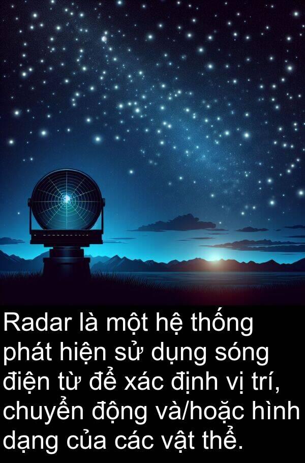điện: Radar là một hệ thống phát hiện sử dụng sóng điện từ để xác định vị trí, chuyển động và/hoặc hình dạng của các vật thể.