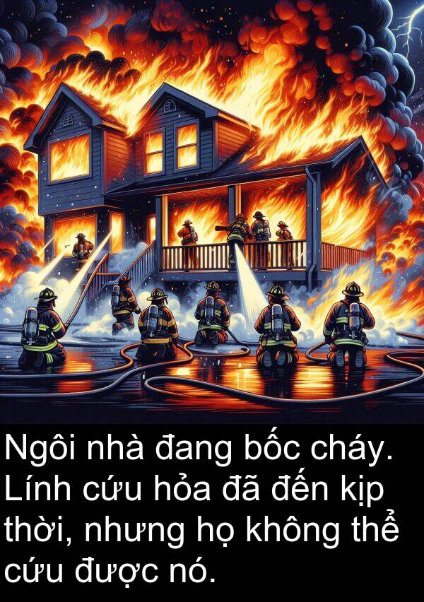 hỏa: Ngôi nhà đang bốc cháy. Lính cứu hỏa đã đến kịp thời, nhưng họ không thể cứu được nó.