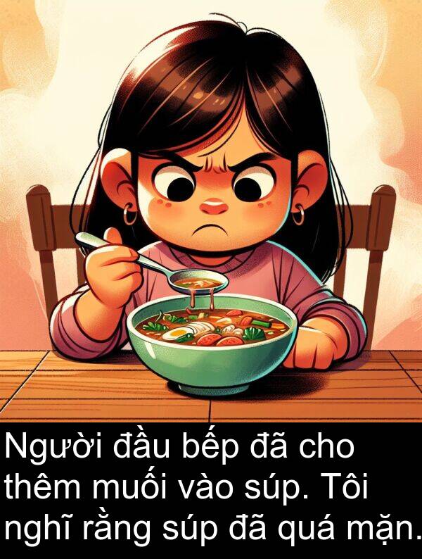 rằng: Người đầu bếp đã cho thêm muối vào súp. Tôi nghĩ rằng súp đã quá mặn.