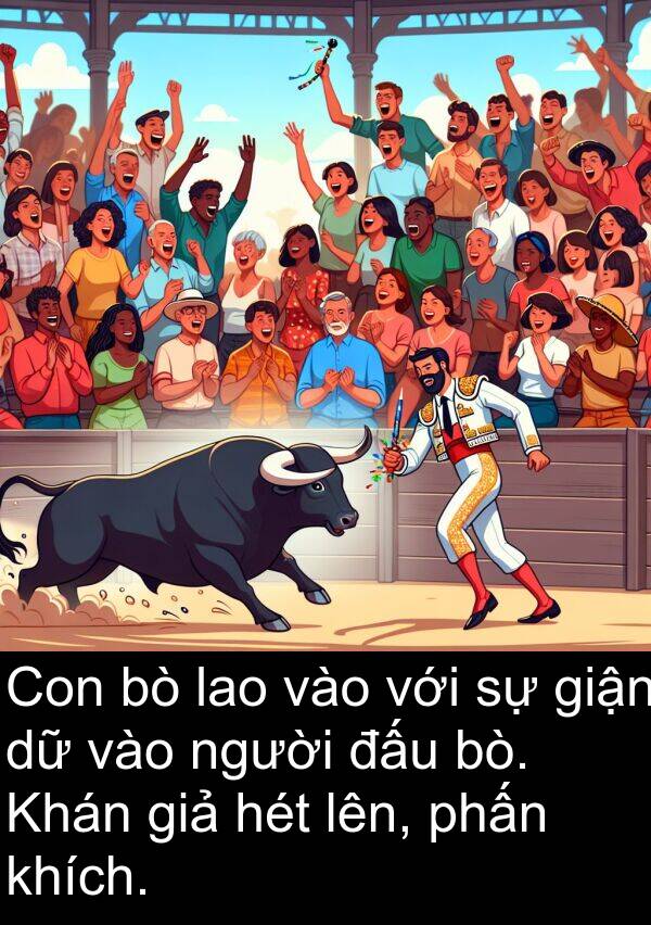 giận: Con bò lao vào với sự giận dữ vào người đấu bò. Khán giả hét lên, phấn khích.