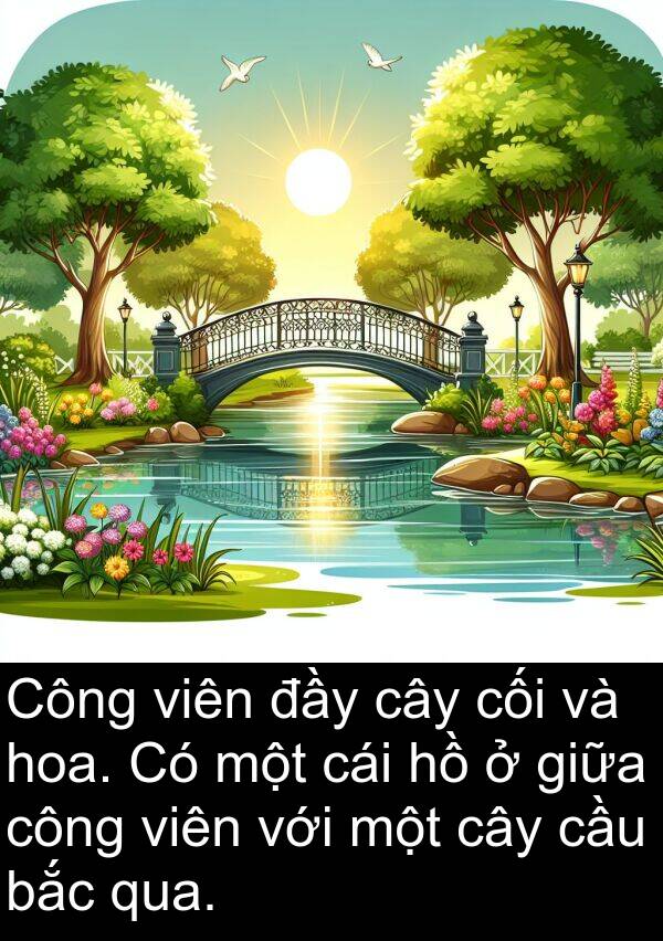 bắc: Công viên đầy cây cối và hoa. Có một cái hồ ở giữa công viên với một cây cầu bắc qua.
