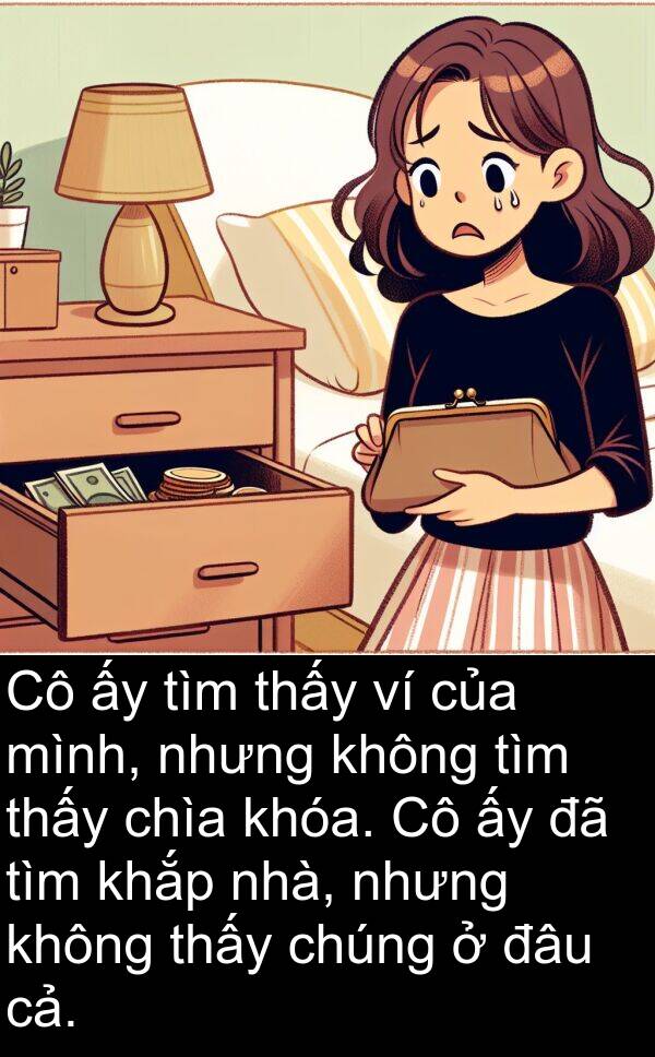 đâu: Cô ấy tìm thấy ví của mình, nhưng không tìm thấy chìa khóa. Cô ấy đã tìm khắp nhà, nhưng không thấy chúng ở đâu cả.