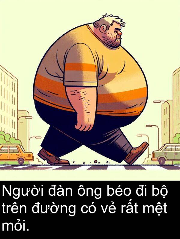 đàn: Người đàn ông béo đi bộ trên đường có vẻ rất mệt mỏi.