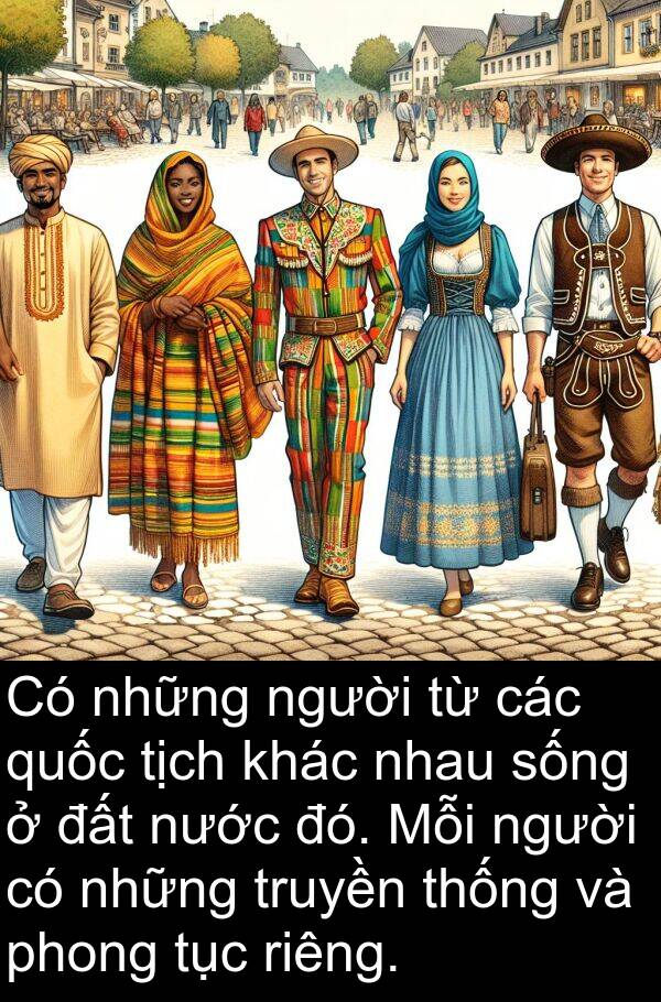 riêng: Có những người từ các quốc tịch khác nhau sống ở đất nước đó. Mỗi người có những truyền thống và phong tục riêng.