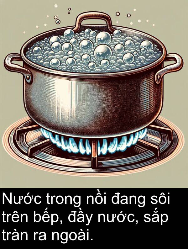 nồi: Nước trong nồi đang sôi trên bếp, đầy nước, sắp tràn ra ngoài.