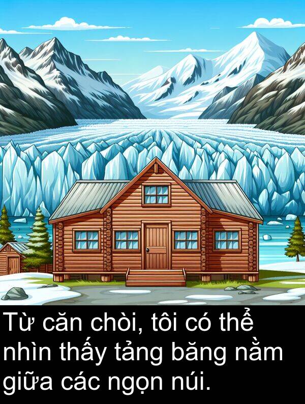 băng: Từ căn chòi, tôi có thể nhìn thấy tảng băng nằm giữa các ngọn núi.