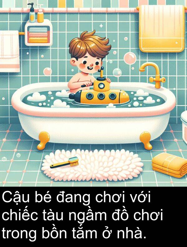 bồn: Cậu bé đang chơi với chiếc tàu ngầm đồ chơi trong bồn tắm ở nhà.