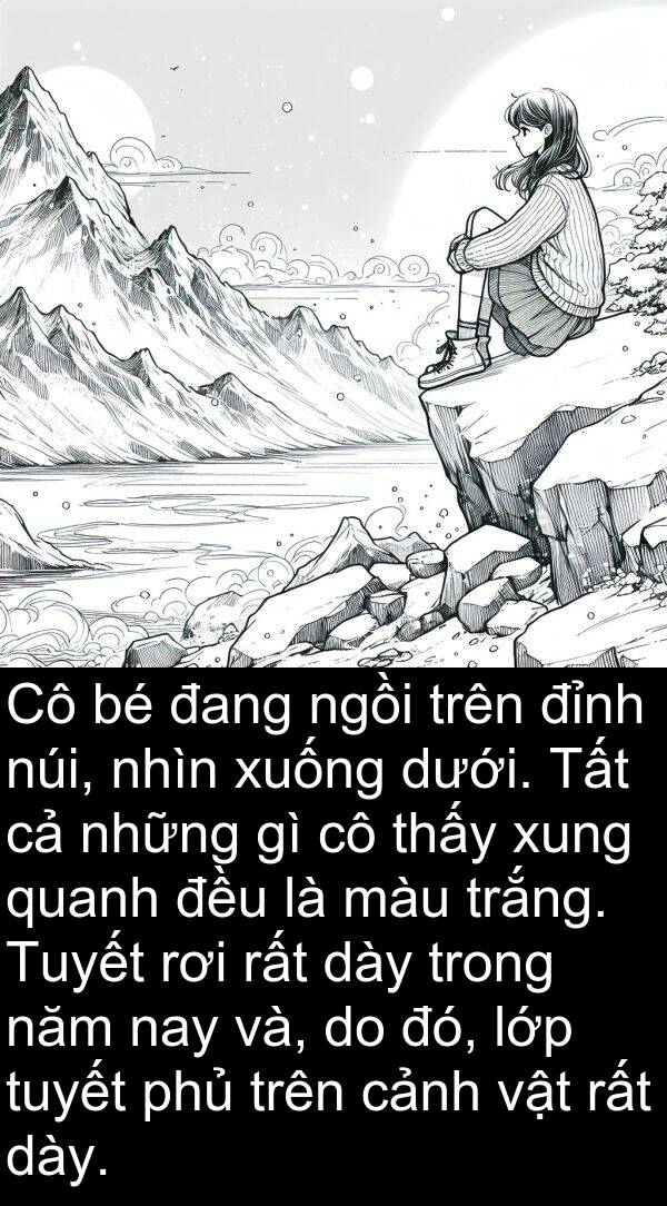 đỉnh: Cô bé đang ngồi trên đỉnh núi, nhìn xuống dưới. Tất cả những gì cô thấy xung quanh đều là màu trắng. Tuyết rơi rất dày trong năm nay và, do đó, lớp tuyết phủ trên cảnh vật rất dày.