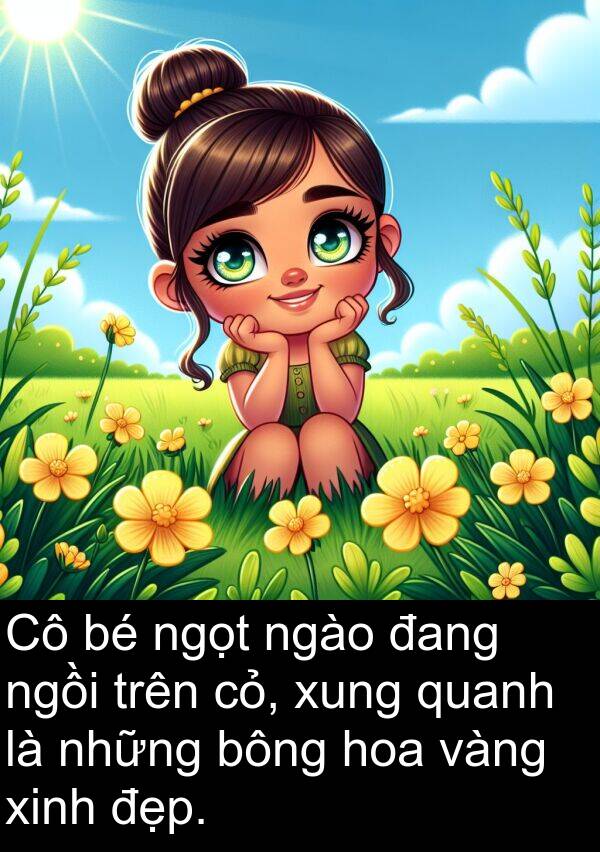 bông: Cô bé ngọt ngào đang ngồi trên cỏ, xung quanh là những bông hoa vàng xinh đẹp.