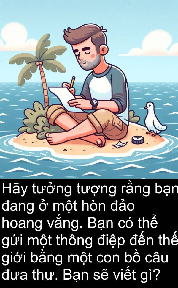 điệp: Hãy tưởng tượng rằng bạn đang ở một hòn đảo hoang vắng. Bạn có thể gửi một thông điệp đến thế giới bằng một con bồ câu đưa thư. Bạn sẽ viết gì?