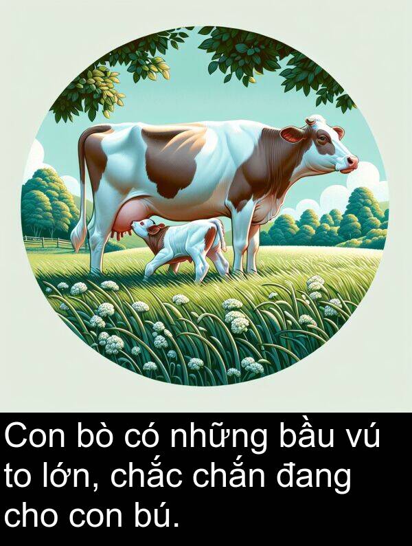 chắc: Con bò có những bầu vú to lớn, chắc chắn đang cho con bú.