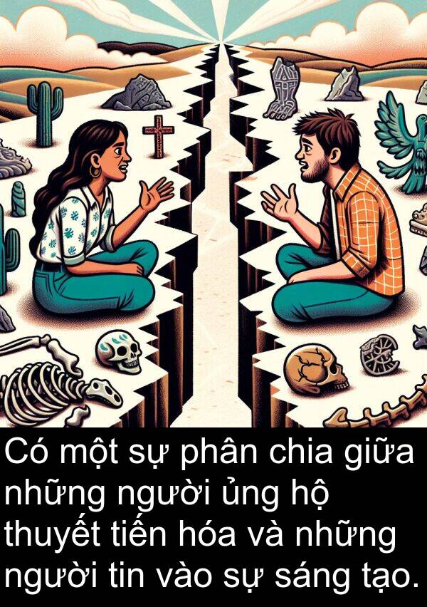 chia: Có một sự phân chia giữa những người ủng hộ thuyết tiến hóa và những người tin vào sự sáng tạo.