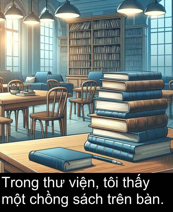 viện: Trong thư viện, tôi thấy một chồng sách trên bàn.