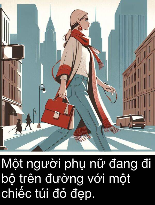 túi: Một người phụ nữ đang đi bộ trên đường với một chiếc túi đỏ đẹp.