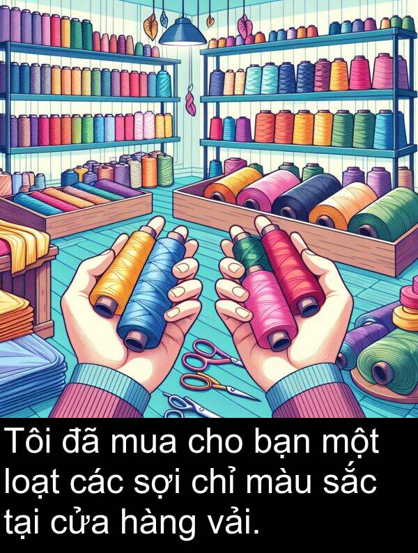 vải: Tôi đã mua cho bạn một loạt các sợi chỉ màu sắc tại cửa hàng vải.