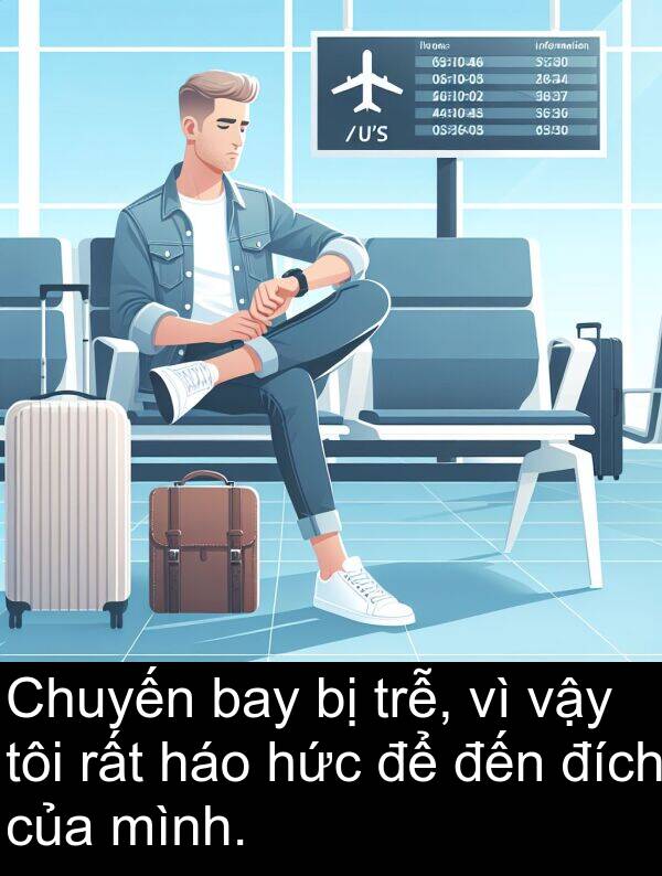 đích: Chuyến bay bị trễ, vì vậy tôi rất háo hức để đến đích của mình.