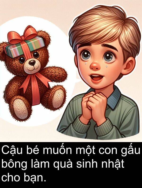 bông: Cậu bé muốn một con gấu bông làm quà sinh nhật cho bạn.