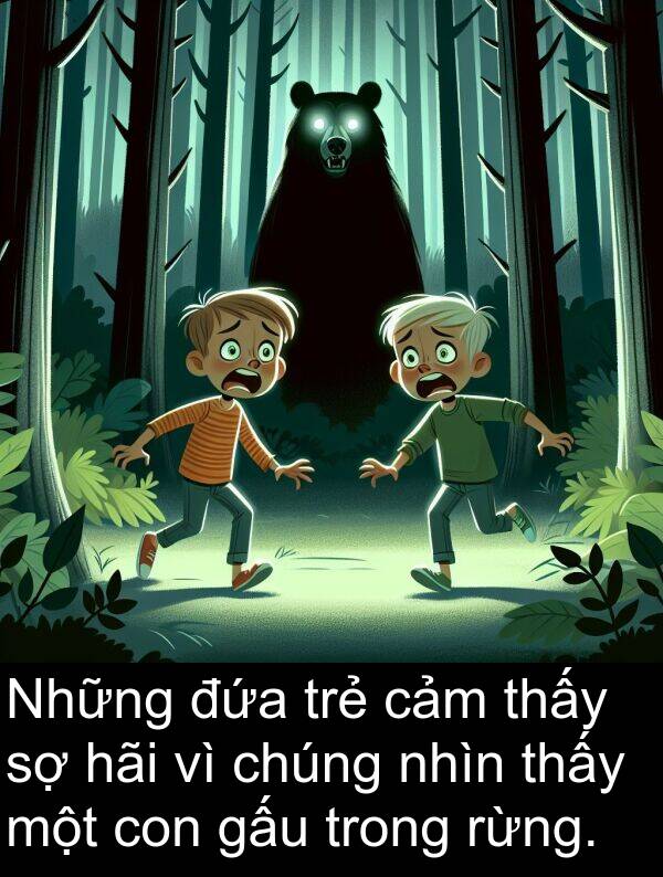 đứa: Những đứa trẻ cảm thấy sợ hãi vì chúng nhìn thấy một con gấu trong rừng.