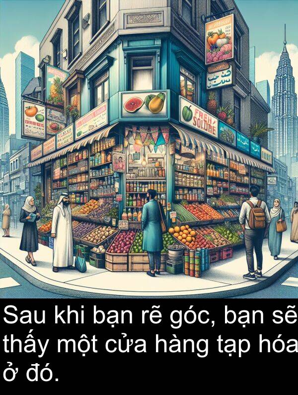 đó: Sau khi bạn rẽ góc, bạn sẽ thấy một cửa hàng tạp hóa ở đó.