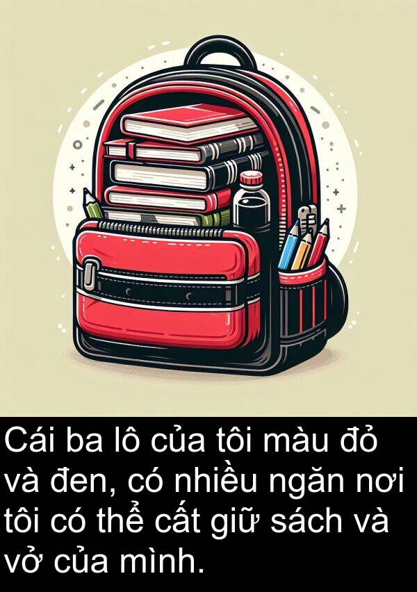 đen: Cái ba lô của tôi màu đỏ và đen, có nhiều ngăn nơi tôi có thể cất giữ sách và vở của mình.