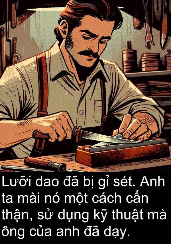 thận: Lưỡi dao đã bị gỉ sét. Anh ta mài nó một cách cẩn thận, sử dụng kỹ thuật mà ông của anh đã dạy.