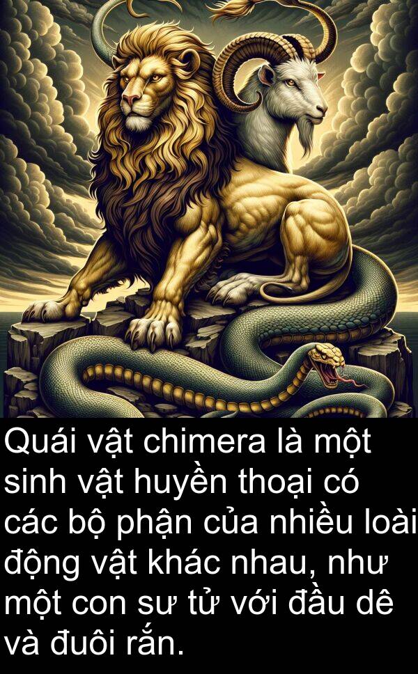 đuôi: Quái vật chimera là một sinh vật huyền thoại có các bộ phận của nhiều loài động vật khác nhau, như một con sư tử với đầu dê và đuôi rắn.