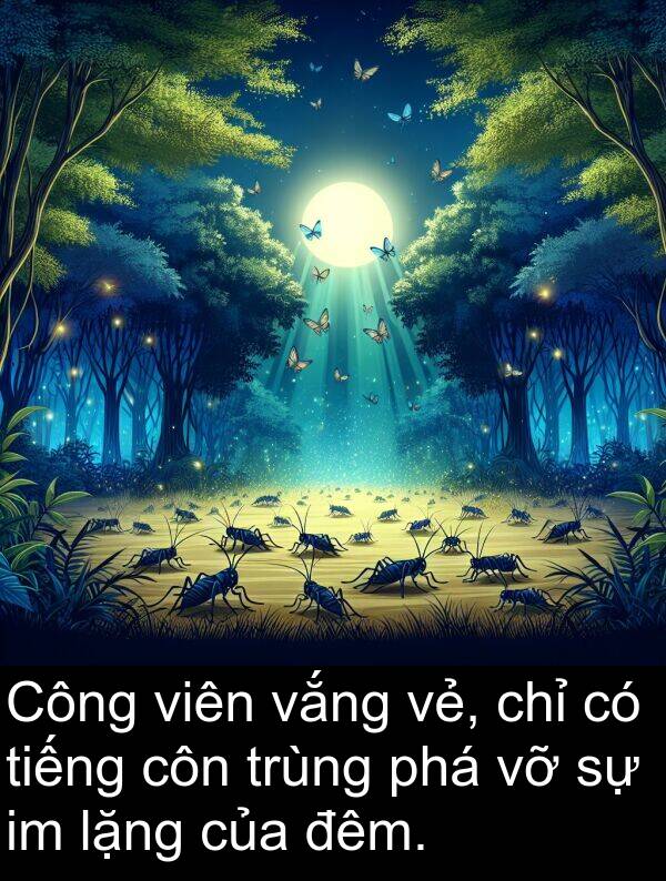 côn: Công viên vắng vẻ, chỉ có tiếng côn trùng phá vỡ sự im lặng của đêm.