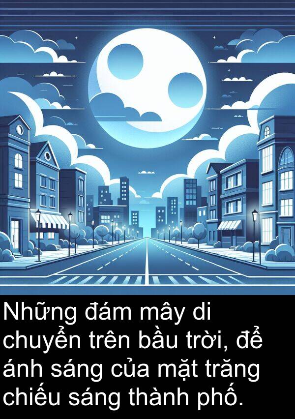 đám: Những đám mây di chuyển trên bầu trời, để ánh sáng của mặt trăng chiếu sáng thành phố.