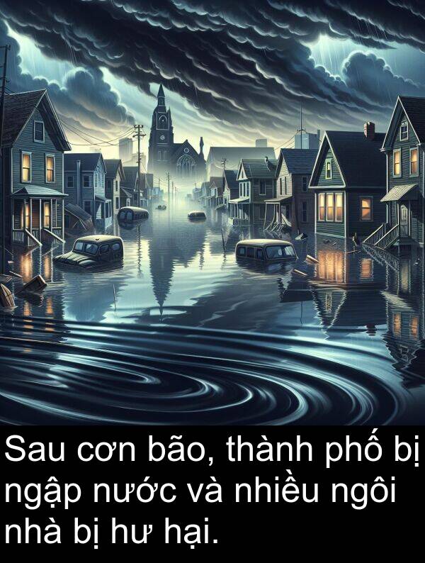 ngập: Sau cơn bão, thành phố bị ngập nước và nhiều ngôi nhà bị hư hại.