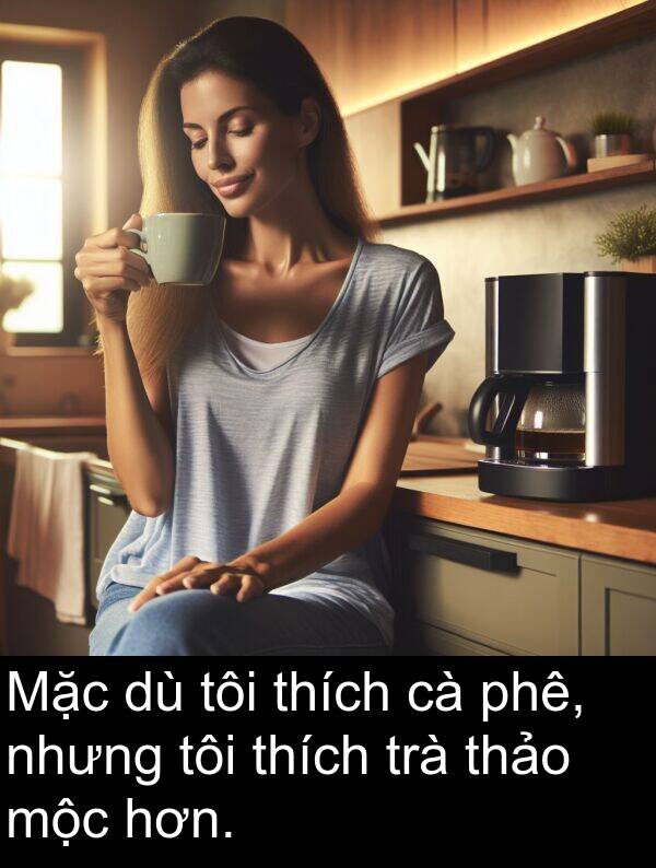 thảo: Mặc dù tôi thích cà phê, nhưng tôi thích trà thảo mộc hơn.