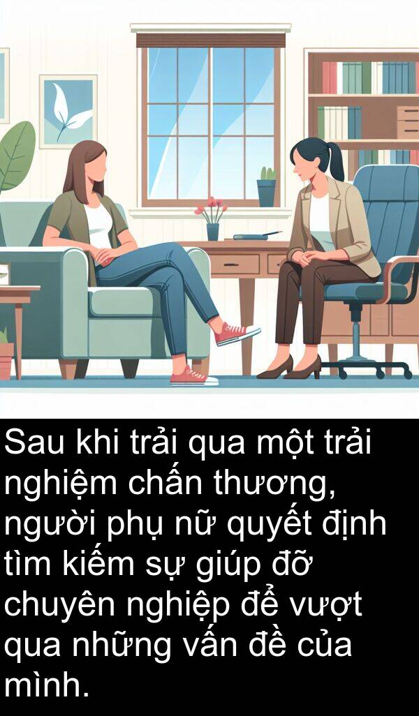 chấn: Sau khi trải qua một trải nghiệm chấn thương, người phụ nữ quyết định tìm kiếm sự giúp đỡ chuyên nghiệp để vượt qua những vấn đề của mình.