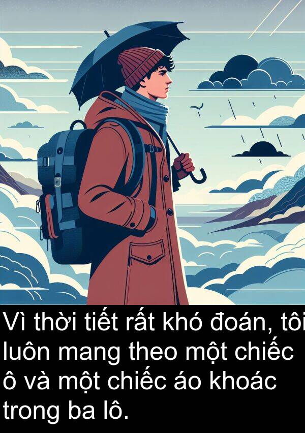 đoán: Vì thời tiết rất khó đoán, tôi luôn mang theo một chiếc ô và một chiếc áo khoác trong ba lô.