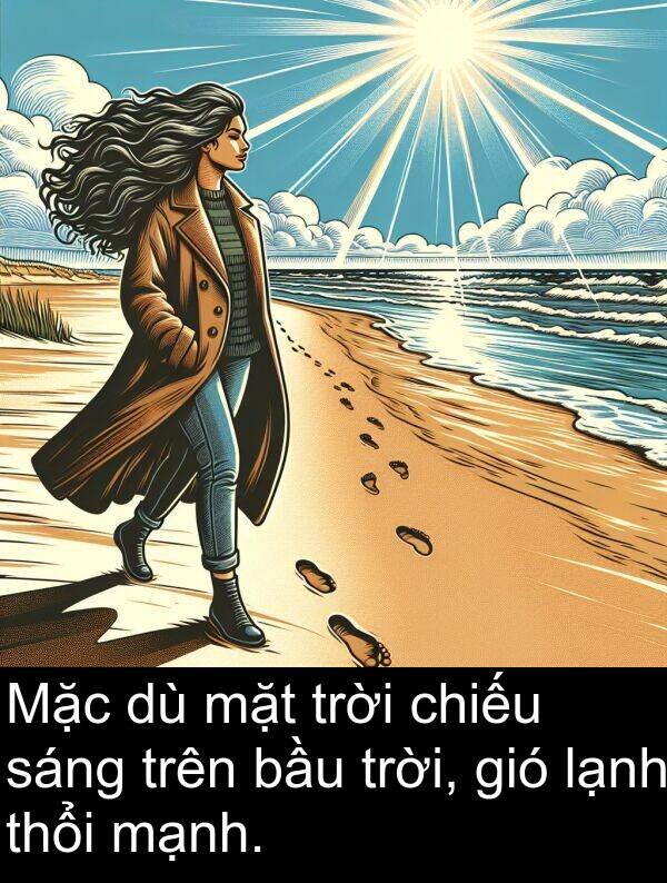 thổi: Mặc dù mặt trời chiếu sáng trên bầu trời, gió lạnh thổi mạnh.