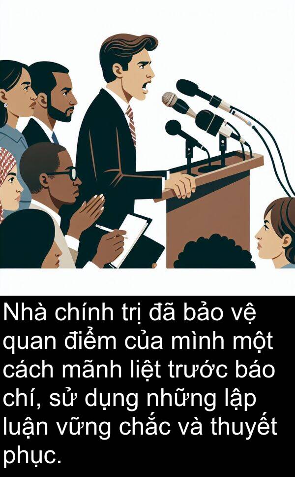 liệt: Nhà chính trị đã bảo vệ quan điểm của mình một cách mãnh liệt trước báo chí, sử dụng những lập luận vững chắc và thuyết phục.