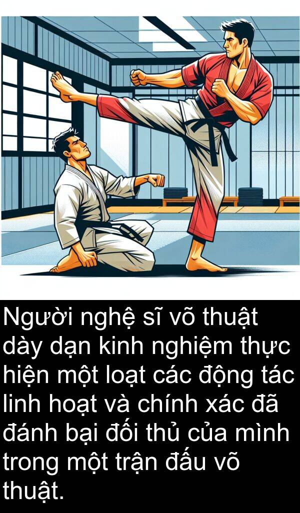 linh: Người nghệ sĩ võ thuật dày dạn kinh nghiệm thực hiện một loạt các động tác linh hoạt và chính xác đã đánh bại đối thủ của mình trong một trận đấu võ thuật.