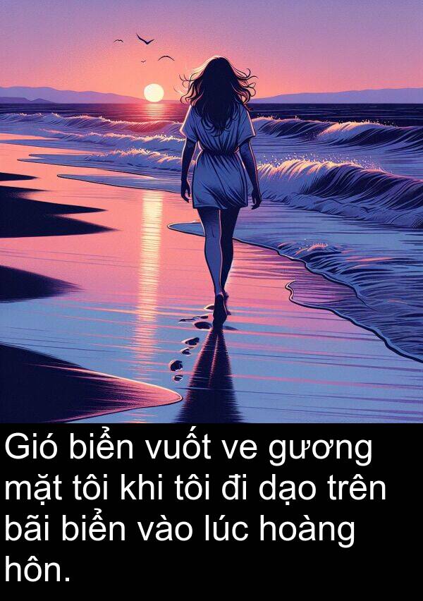 gương: Gió biển vuốt ve gương mặt tôi khi tôi đi dạo trên bãi biển vào lúc hoàng hôn.