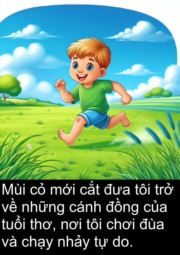 đùa: Mùi cỏ mới cắt đưa tôi trở về những cánh đồng của tuổi thơ, nơi tôi chơi đùa và chạy nhảy tự do.