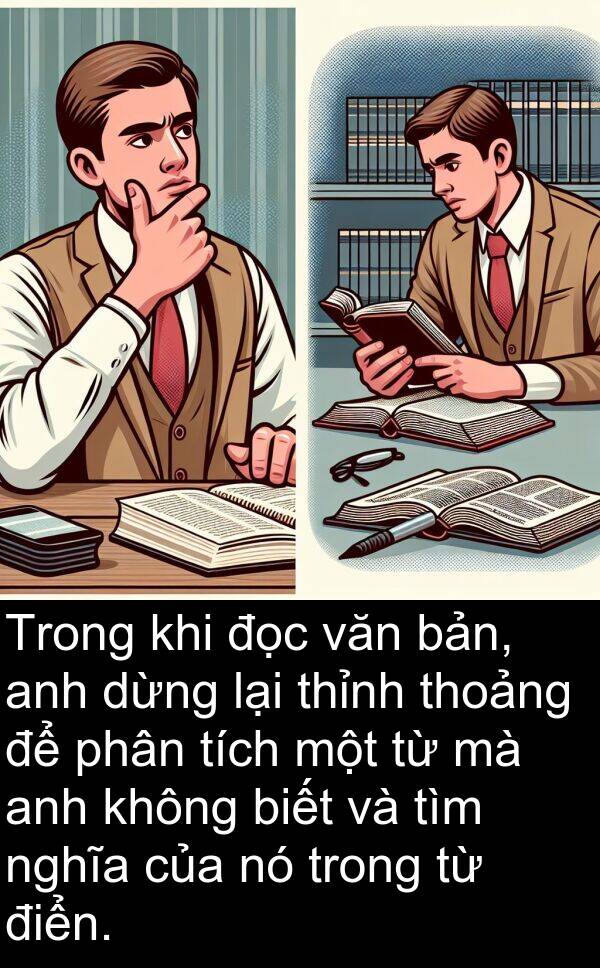 điển: Trong khi đọc văn bản, anh dừng lại thỉnh thoảng để phân tích một từ mà anh không biết và tìm nghĩa của nó trong từ điển.
